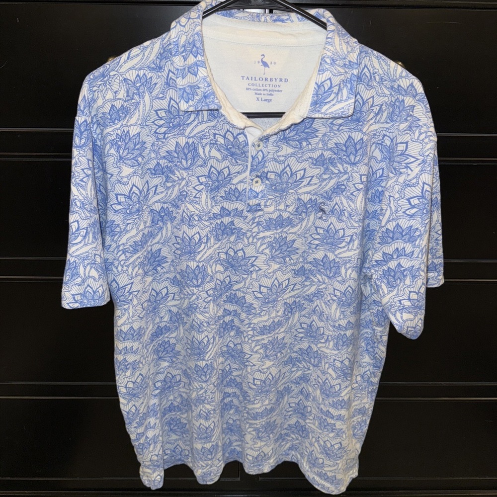 Tailorbyrd‎ Collection Men's All Over Print Polo Blue White Floral Leaves XL